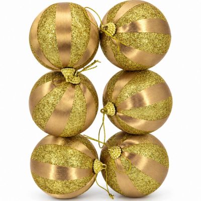 5. SHATTERPROOF PLASTIC BAUBLES 8 CM GOLD 6 PCS STRIPES MICA