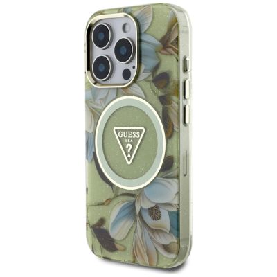 2. Guess Glitter Flowers Triangle Buttons MagSafe case for iPhone 16 Pro Max green