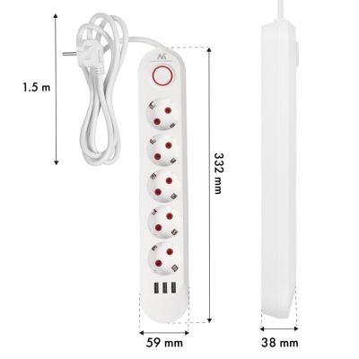 10. MACLEAN POWER STRIP EXTENSION CORD 5 OUTLETS + 3XUSB, 110-240V AC 50/60HZ, 2.1A MAX 2500W, 1.5M, WHITE MCE395W
