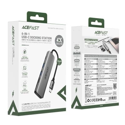 4. Acefast J18 USB Hub USB-C 6-in-1 HDMI 4K 60Hz PD90W Docking Station - Gray