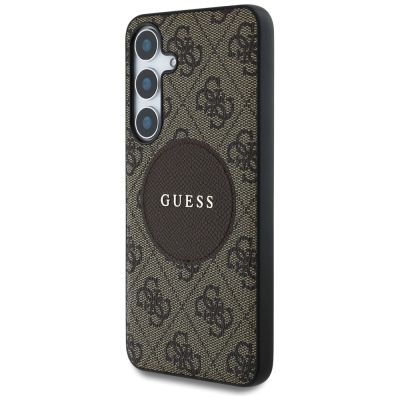 2. Guess 4G Round Patch Classic Logo MagSafe Case for Samsung Galaxy S25 Brown