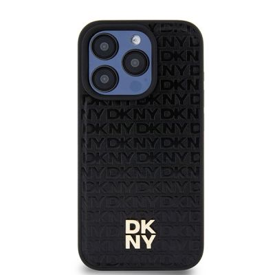 3. DKNY Leather Monogram Pattern Metal Logo MagSafe Case for iPhone 15 Pro - Black