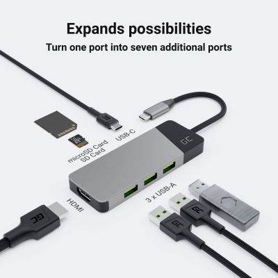 13. GREEN CELL HUB USB-C ADAPTER GC CONNECT 7IN1 (3XUSB 3.1, HDMI 4K 60HZ, USB-C PD 85W, MICROSD/SD)