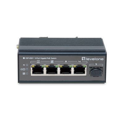 LevelOne 5-Port Gigabit Industrial Switch - DIN Rail - -30°C to 65°C - Gigabit Ethernet (10/100/1000) - Full Duplex - Power over Ethernet (PoE) - Wall Mount (IGP-0501)
