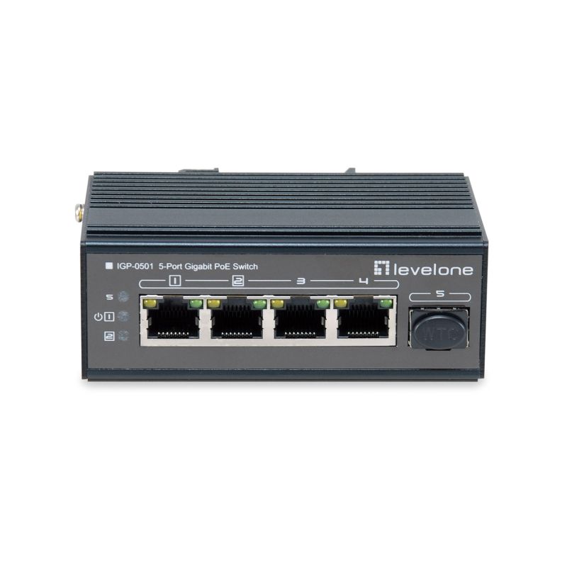 LevelOne 5-Port Gigabit Industrial Switch - DIN Rail - -30°C to 65°C - Gigabit Ethernet (10/100/1000) - Full Duplex - Power over Ethernet (PoE) - Wall Mount (IGP-0501)