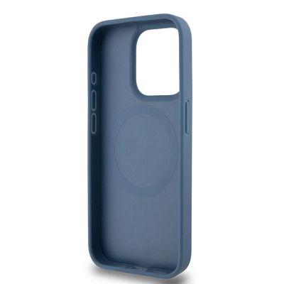 7. DKNY Leather Monogram Pattern Metal Logo MagSafe Case for iPhone 15 Pro - Blue