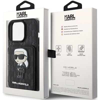 9. Karl Lagerfeld Saffiano Cardslots and Stand Monogram Ikonik Patch case for iPhone 15 Pro - black