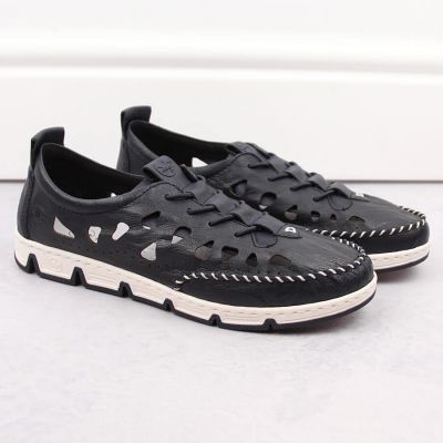 22. Rieker W RKR652 navy blue openwork leather shoes