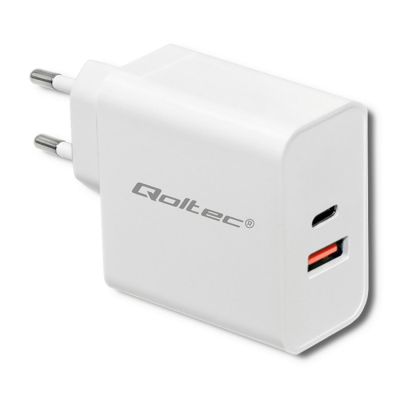 QOLTEC WALL CHARGER 63W | 5-20V | 1.5-3A | USB TYPE C PD | USB QC 3.0 | WHITE