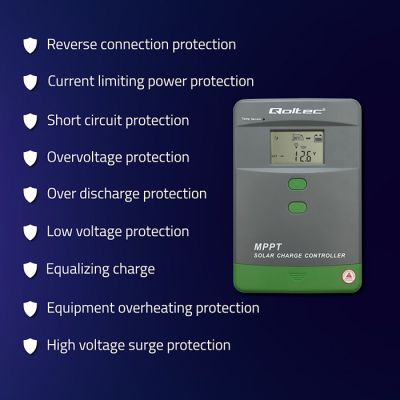 4. Qoltec 53665 MPPT solar charge controller with temperature sensor 60A | 12V / 24V | LCD | Bluetooth | APP | GEL | LiFePO4