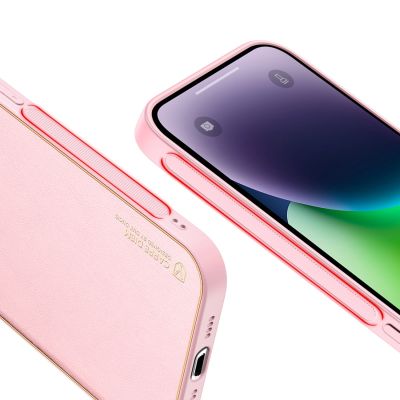 8. Dux Ducis Yolo iPhone 14 Plus case elegant pink faux leather cover