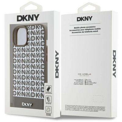 7. DKNY Leather Printed Pattern Metal Logo MagSafe Case for iPhone 15 / 14 / 13 - Brown