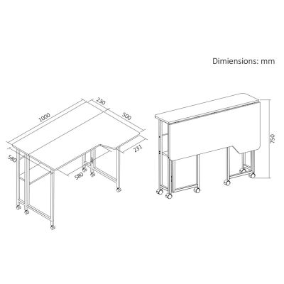 9. MACLEAN FOLDABLE DESK / TABLE MACLEAN, BLACK, MOBILE 100X73CM, MAX. 50KG, ANGLED, L-SHAPED, MC-126 L/B MC-126 L/B