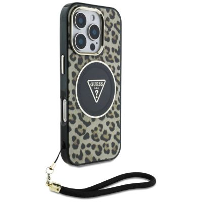 3. Guess HC IML Leopard Triangle Cord Strap MagSafe Case for iPhone 16 Pro - Brown