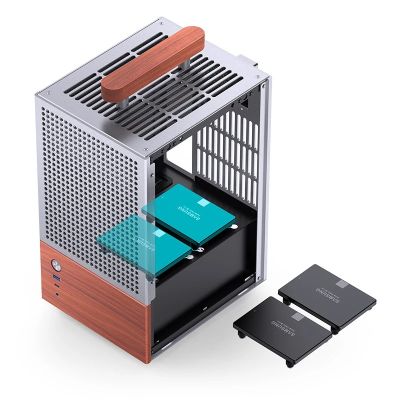 14. Jonsbo T6 Mini-Tower PC Case, Mini-ITX, Tempered Glass, Wood - Silver