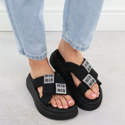 11. Women’s black platform slides with rhinestones Potocki 16347