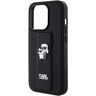 7. Karl Lagerfeld Gripstand Saffiano Karl&Choupette Pins case for iPhone 15 Pro Max - black