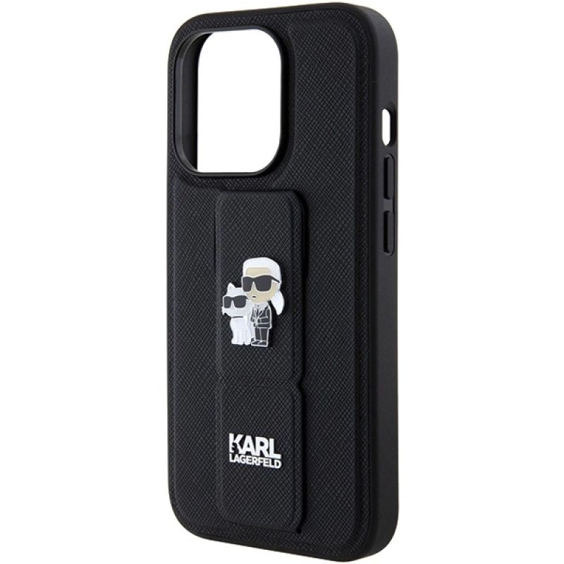 7. Karl Lagerfeld Gripstand Saffiano Karl&Choupette Pins case for iPhone 15 Pro Max - black