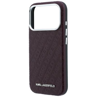 6. Karl Lagerfeld Grained Allover Logo Metal Elongated MagSafe Case for iPhone 17 Pro / 18 Pro Max - Burgundy