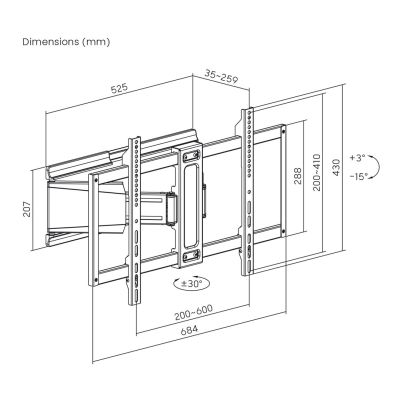 15. MACLEAN TV MOUNT / HANGER, MAX. VESA 600X400, 37-90", MAX. LOAD 65KG, BLACK MC-881 N