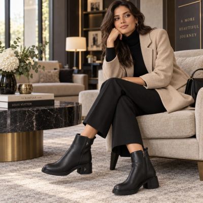 6. Women’s black leather block-heel ankle boots Vinceza 67033