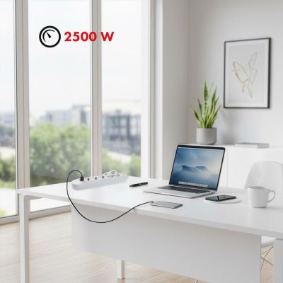 13. MACLEAN POWER STRIP EXTENSION CORD 5 OUTLETS + 3XUSB, 110-240V AC 50/60HZ, 2.1A MAX 2500W, 1.5M, WHITE MCE395W