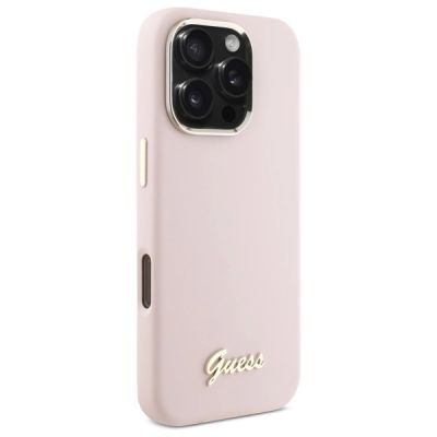 4. Guess Silicone Script Metal Logo & Frame iPhone 16 Pro Case - Pink