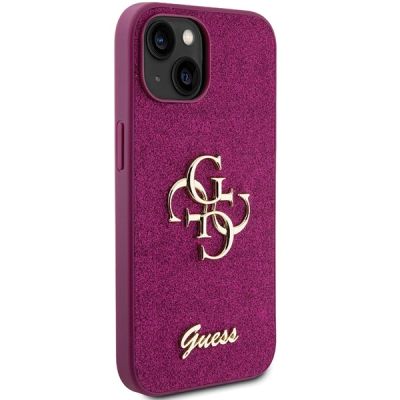 4. Guess Glitter Script Big 4G case for iPhone 15 - purple