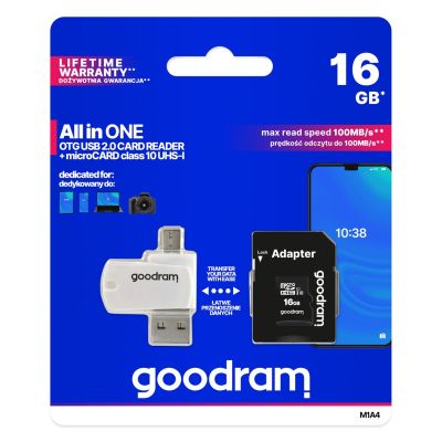 10. GoodRam All in one M1A4-0160R12 Memory Card with Adapter and Card Reader (16GB; Class 10; Adapter, MicroSDHC Card Reader, Memory Card)