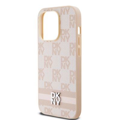 6. DKNY Leather Checkered Mono Pattern & Printed Stripes case for iPhone 14 Pro - pink