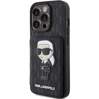 2. Karl Lagerfeld Saffiano Cardslots and Stand Monogram Ikonik Patch case for iPhone 15 Pro - black