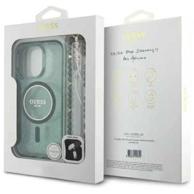 7. Guess IML Glitter With Pearl Strap MagSafe case for iPhone 16 Pro Max - green