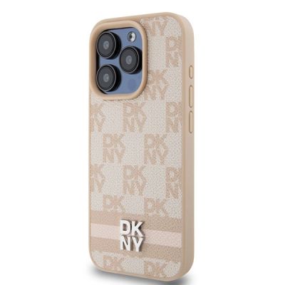 2. DKNY Leather Checkered Mono Pattern & Printed Stripes case for iPhone 15 Pro Max - pink