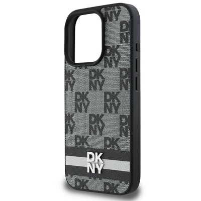 6. DKNY Checkered Pattern & Printed Stripes Case for iPhone 16 Pro - Black