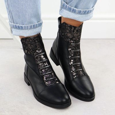 12. Women’s Black Floral Ankle Boots Jezzi ASA62-16