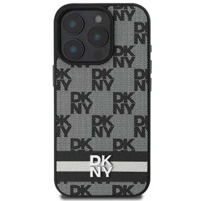 3. DKNY Checkered Pattern & Printed Stripes Case for iPhone 16 Pro - Black