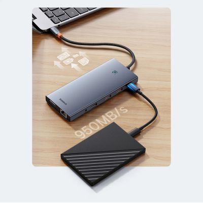 10. HUB Baseus PortalJoy Series 13in1 USB-C - 2x HDMI / DP / VGA / USB-A 3.1 / USB-C 3.1 / USB-A 2.0 / PD / RJ45 / SD / TF / AUX - gray