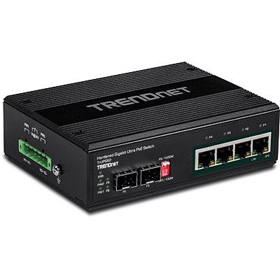 3. TRENDnet TI-UPG62 Switch - Unmanaged - 4 x 10/100/1000 (PoE+) + 2 x Gigabit SFP - DIN rail mountable, Wall mountable - PoE+ (240W) - DC