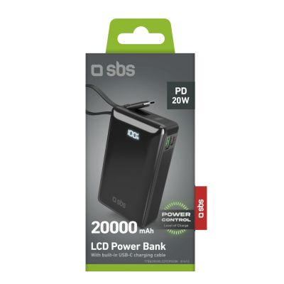 2. Powerbank SBS 20000 mAh 20W with built-in USB-C cable and digital display - black