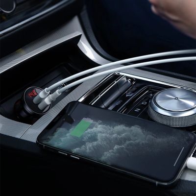 9. Baseus 2x USB 4.8A 24W car charger with LCD + 3in1 cable USB - USB Type C / micro USB / Lightning 1.2m black (TZCCBX-0G)