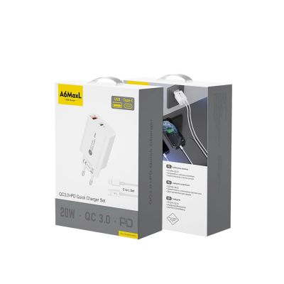 3. A6MaxL 20W USB-A USB-C Wall Charger with 1m USB-C - Lightning Cable - White