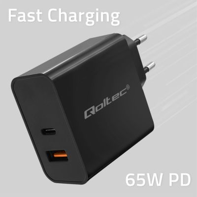 4. QOLTEC SUPER QUICK PD CHARGER | 1XUSB-C | 1XUSB | 65W | 5-20V | 1.5-3.25A | BLACK