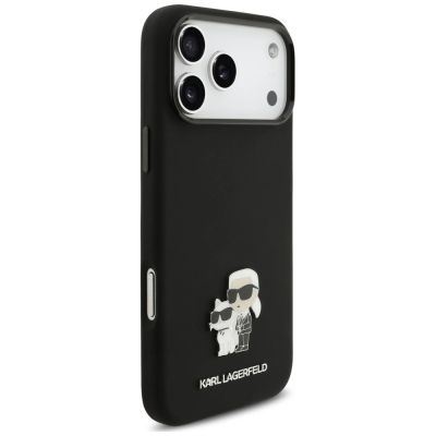 4. Karl Lagerfeld Silicone Karl&Choupette Metal Pin Case for iPhone 18 Pro Max / 17 Pro Max – Black
