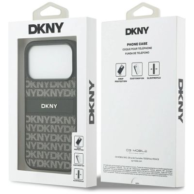 8. DKNY Repeat Texture Pattern with Tonal Stripe iPhone 17 Pro Case - Black