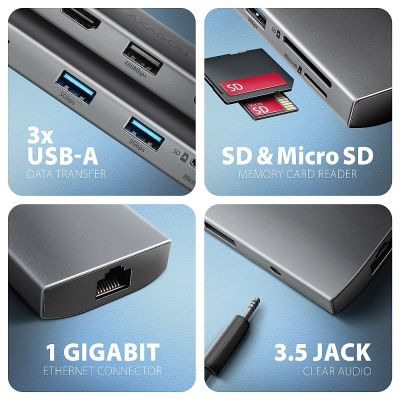 3. AXAGON HMC-8HLSA Multiport Hub USB-C 3.2 Gen 1, 3x USB-A + 4K/60Hz HDMI + SD/microSD, Gigabit LAN, Audio, PD 100W - Silver