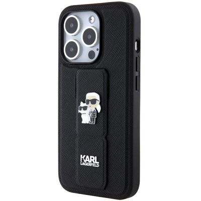 3. Karl Lagerfeld Gripstand Saffiano Karl&Choupette Pins case for iPhone 15 Pro Max - black
