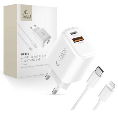 Tech-Protect NCA20 PD 20W QC3.0 USB-A / USB-C Wall Charger + USB-C / Lightning Cable 100cm - White