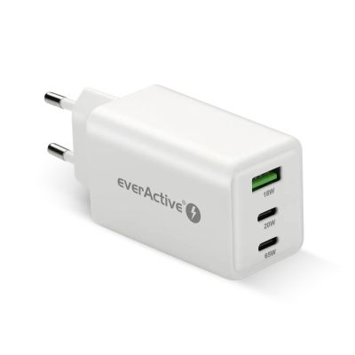 EVERACTIVE GAN WALL CHARGER 1 X USB, 2 X USB-C QUICK CHARGE 4+ 65W WHITE SC-655Q
