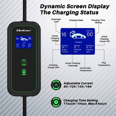 5. Qoltec 52476 Mobile charger for electric car EV with regulation 2 in 1 Type 2 | 3.5kW | 230V | Wi-fi | LCD | Portable | Wallbox | 5m
