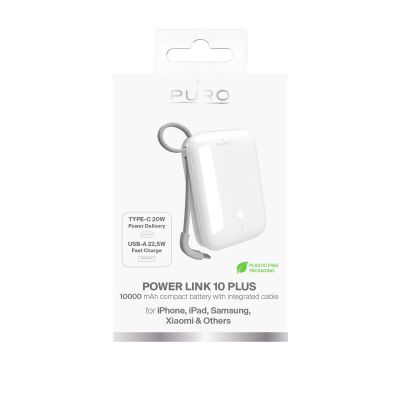 4. Puro Power Link 10 Plus 10000mAh Power Bank with Built-in USB-C Cable – White